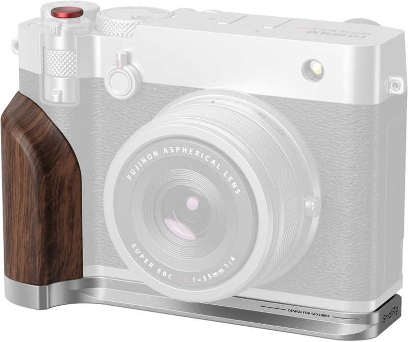 Close-up of the FUJIFILM GFX100RF Silver with SmallRig 5265 L-shaped mounting plate and wooden grip, Fujino aspherical lens, resting on a matching silver base plate.