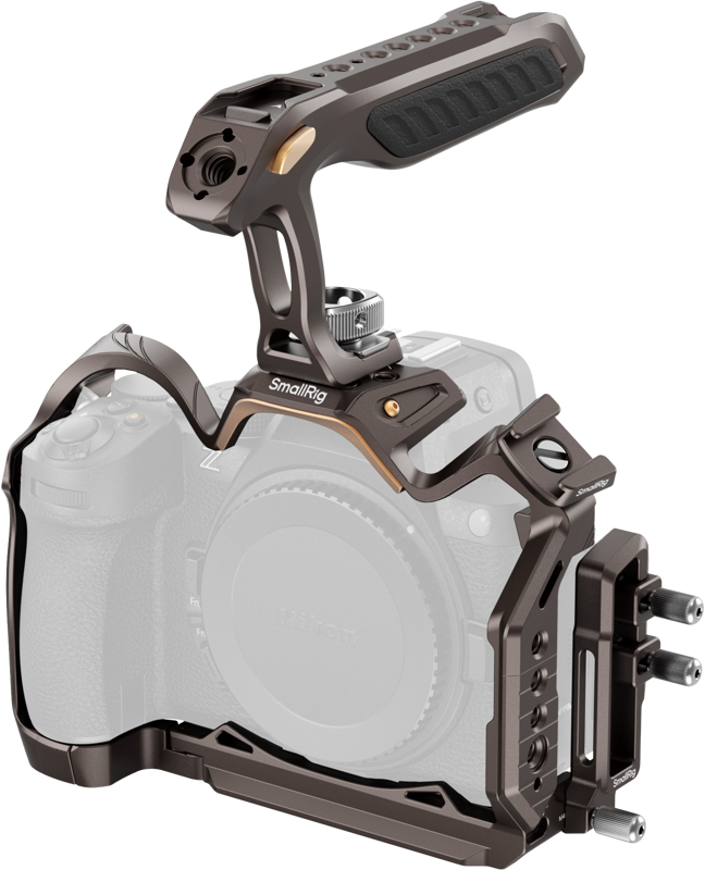 The SmallRig 5259 Night Eagle Cage Kit Nikon Z5/Z5II/Z6/Z6II/Z7/Z7/Z7II is a metal camera cage with top handle that provides secure mounting, protection and multiple accessory mounting points; the camera is visible as a translucent outline.