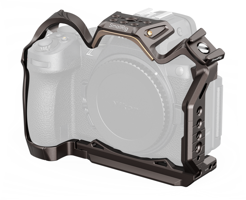 The SMALLRIG 5258 NIGHT EAGLE cage for the Nikon Z5II/Z7/Z6/Z7II/Z6II/Z5 encases the camera body, providing better protection and numerous accessory mounting points, while the partially transparent camera interior presents the cage.