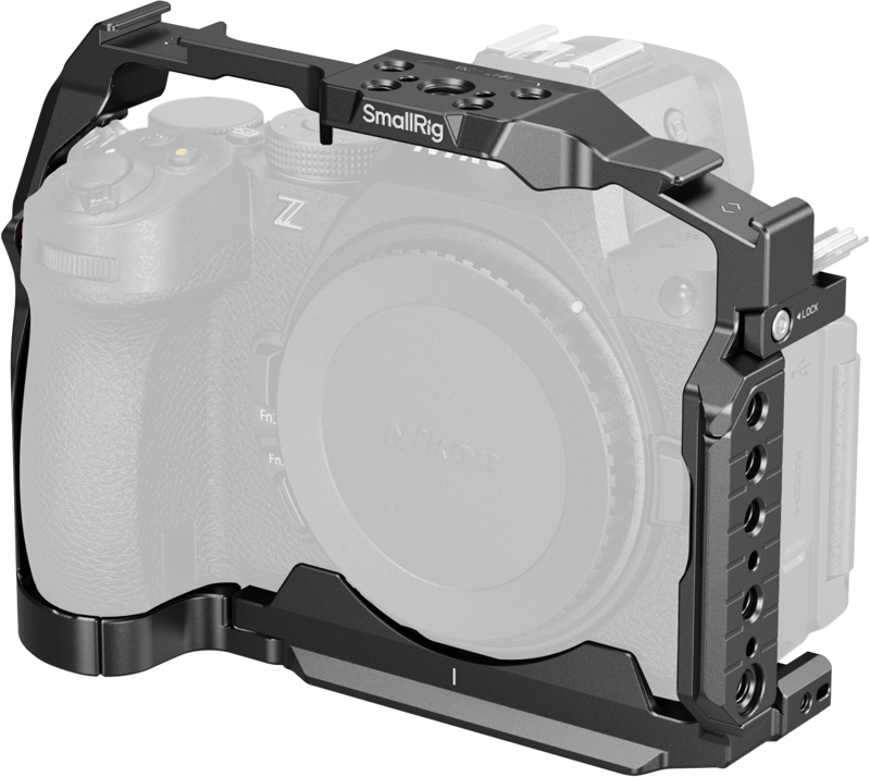 The SmallRig 5257 Cage for Nikon Z5II mounts to the Nikon Z series mirrorless camera body and provides multiple mounting points for accessories and accessories.