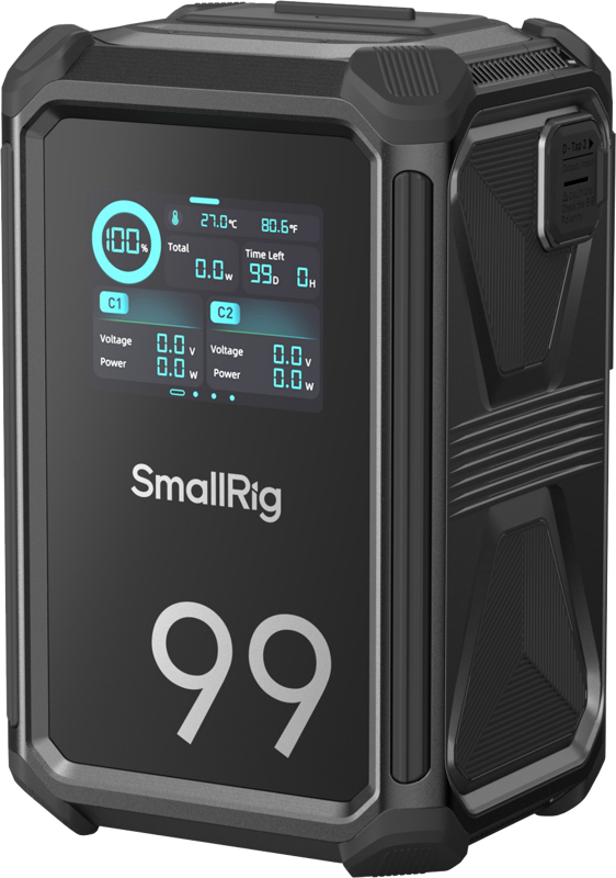 SmallRig 4984 X-Touch Smart Triple-Proof V-Mount -akku X99 on musta, ja siinä on karheat reunat, moderni muotoilu ja sinisellä valaistu digitaalinäyttö, jossa näkyy latausprosentti, jännite, teho ja lämpötila.