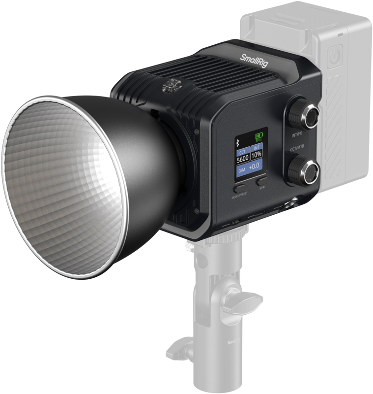Mustesininen SmallRig 5377 RC 100C COB LED -videovalaisin, jossa on suuri heijastin, digitaalinen näyttö ja säätönupit, on asennettu jalustalle harmaata taustaa vasten.