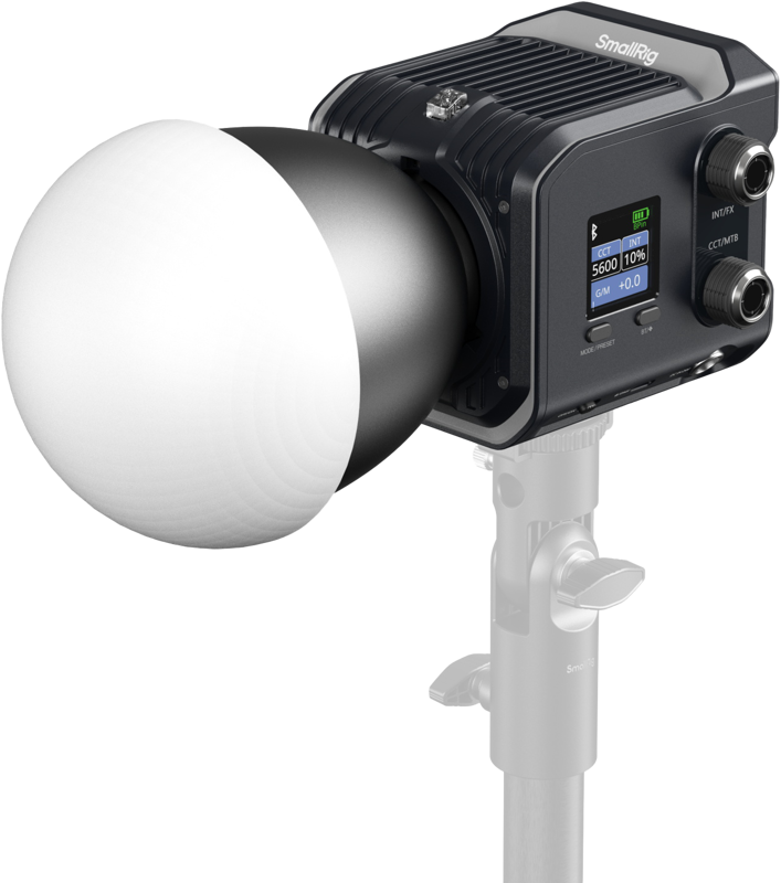 SmallRig 5380 RC 100C COB LED Video Light Ink Blue / Pro-versio SmallRig 5380 RC 100C COB LED Video Light Ink Blue / Pro-versio, joka on varustettu suurella pyöreällä diffuusorilla ja asennettu valotelineeseen, näyttää värilämpötilan ja kirkkauden asetukset ohjauspaneelissa.