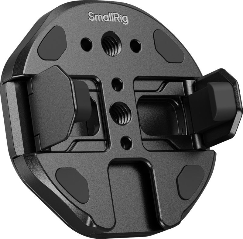 SMALLRIG 5157 Kiinnitettävä puhelinkiinnike ulkoiselle SSD-levylle on musta kiinnityslevy, jossa on kaksi säädettävää kiinnikettä ja useita kierteitettyjä reikiä kameralaitteiden ja lisävarusteiden turvallista kiinnittämistä varten.
