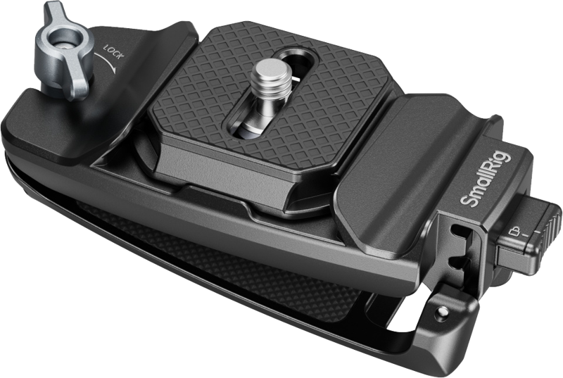 Lähikuva SMALLRIG 5053 Camera Clip with Quick Release Mount Plate Kit -kameraklipsistä, jossa on lukitusnuppi, kuvioitu ruuvialusta ja tuotemerkillä varustettu sivukiinnike kameravarusteiden kiinnittämistä varten.