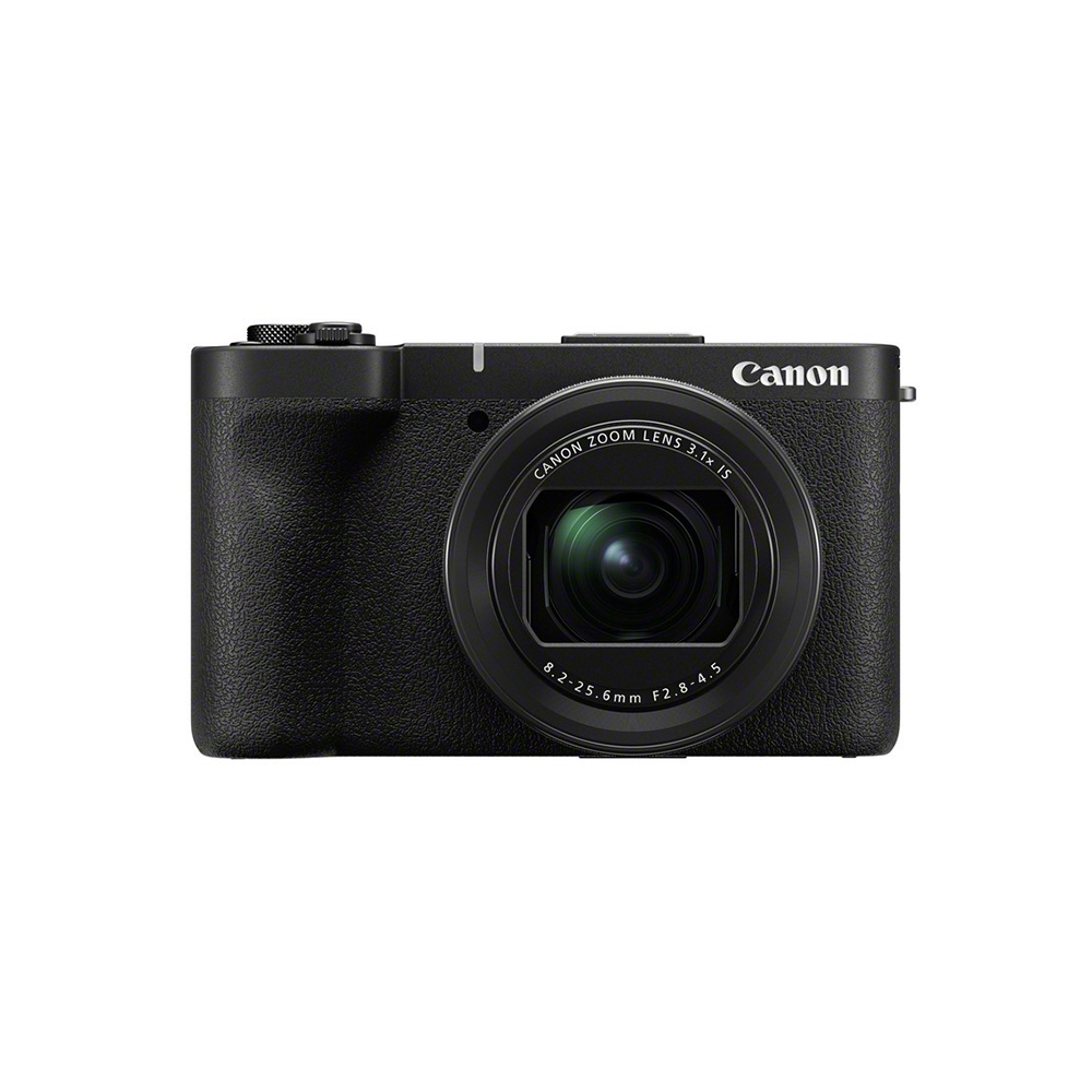 Musta Canon PowerShot V1 kompaktikamera, jossa on suuri etulinssin objektiivi ja Canon-logo oikeassa yläkulmassa, valkoista taustaa vasten.