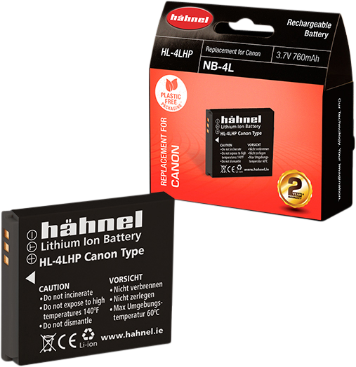 Hähnel HL-4LHP (Canon NB-4L) ladattava litiumioniakku, jonka pakkauksessa on merkintä 3,7 V 760 mAh, sisältää turvallisuusohjeet ja akkuun painetun verkkosivuston linkin.