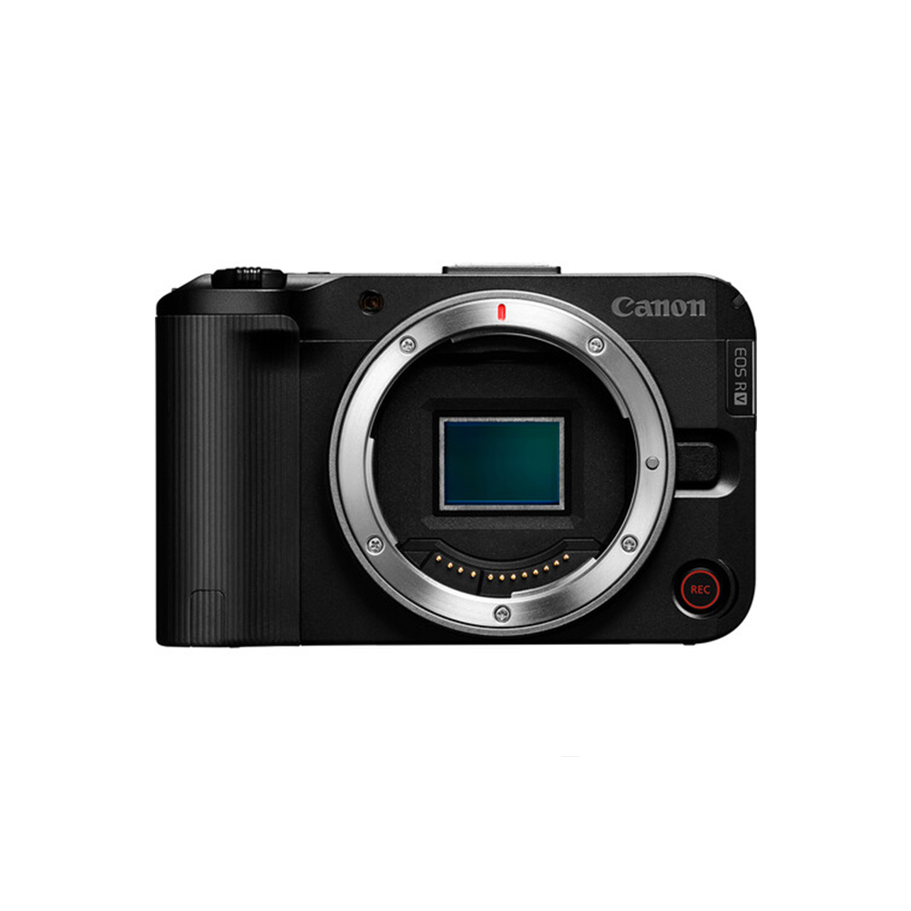 Musta Canon EOS R50 V -järjestelmäkameran runko ilman objektiivia, altistaa kennon ja säätimet, ominaisuudet Canon-logo oikealla ylhäällä ja punainen REC-painike oikealla alhaalla. Nyt 200€ alennus.