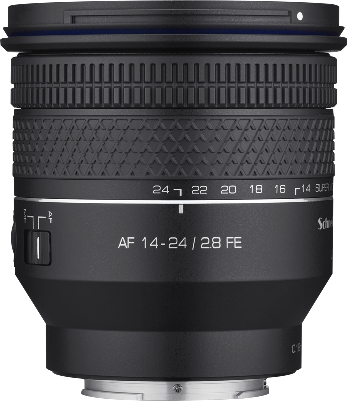 A close-up of the Samyang AF 14-24mm f/2.8 - Sony FE lens highlights its black finish, engraved focus and zoom rings and textured grip patterns for precise handling.