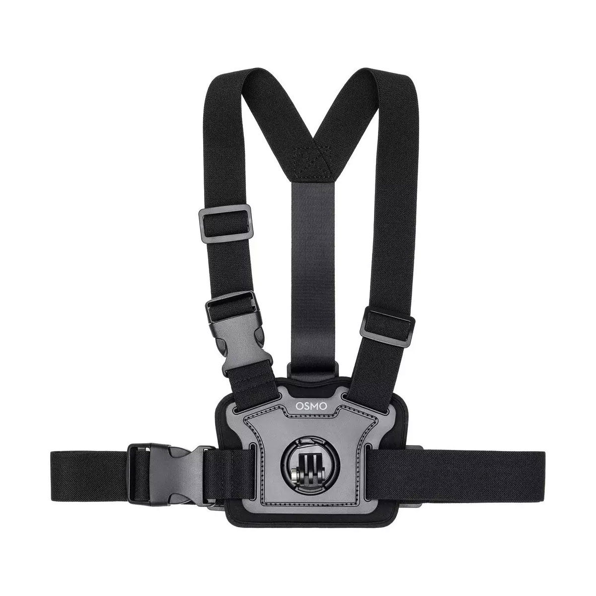 The DJI Osmo Action Chest Strap Mount is an adjustable black harness with a padded center plate, sturdy straps and buckles designed to hold your camera or action device securely. The front mount features the OSMO logo.