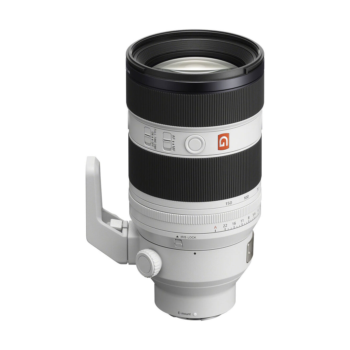 Sony FE 50-150mm f/2 GM -objektiivi on valkoinen ja musta teleobjektiivi, jossa on jalustakiinnitys ja useita säätökytkimiä, kuvassa pystyssä valkoisella taustalla.