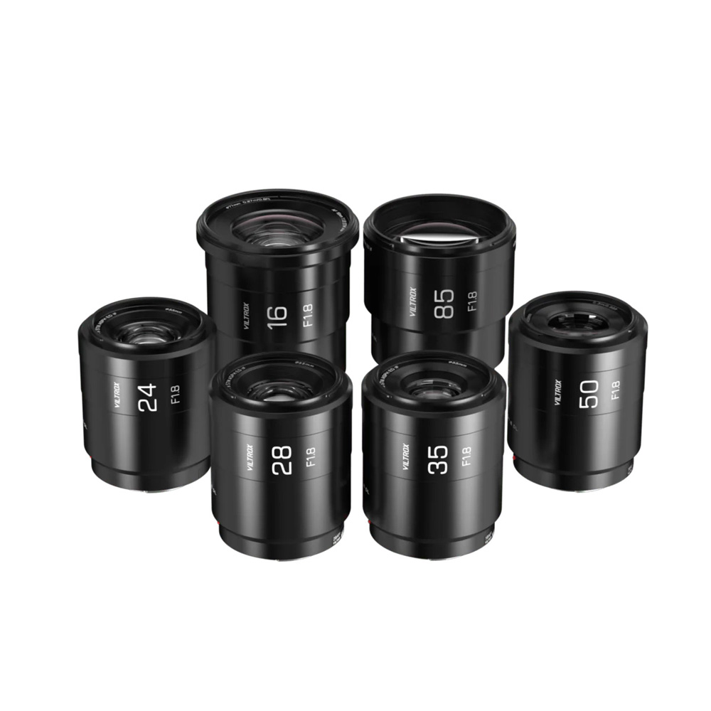 Six Viltrox Raze AF Full Frame lenses for the Ronin 4D (DL Mount) with focal lengths of 16 mm, 24 mm, 28 mm, 35 mm, 50 mm and 85 mm are arranged in two rows on a white background. Each lens shows the focal length and aperture.