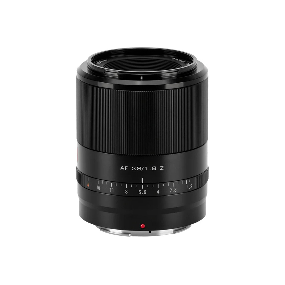 The black Viltrox AF 28mm f/1.8 lens for Nikon Z with ribbed focus ring and aperture markings from f/1.8 to f/16, marked "AF 28/1.8 Z", is visible against a white background.