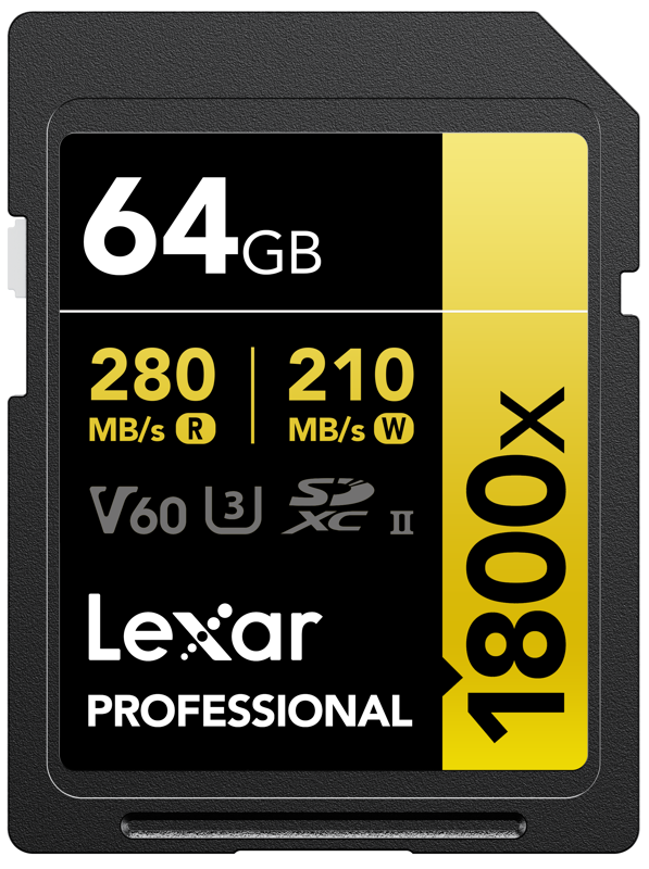 Lexar Pro 1800x SDXC U3 (V60) UHS-II 64GB -muistikortti tarjoaa jopa 280 MB/s lukunopeuden ja 210 MB/s kirjoitusnopeuden tukien V60, U3 ja SDXC II -standardeja.