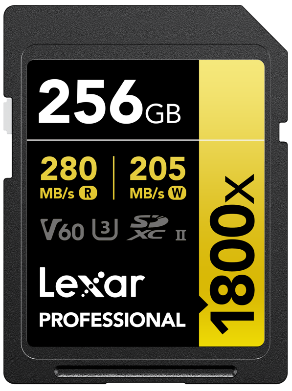 Lexar Pro 1800x SDXC U3 (V60) UHS-II R280/W210 256GB -kortti tarjoaa jopa 280 MB/s luku- ja 210 MB/s kirjoitusnopeuden. Siinä on musta ja keltainen muotoilu, ja se soveltuu erinomaisesti nopeaan tiedonsiirtoon ja 4K-videokuvaukseen.