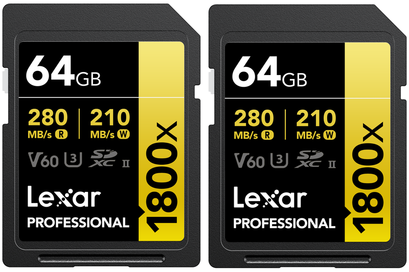 Kaksi Lexar Pro 1800x SDXC U3 (V60) UHS-II R280/W210 64GB -korttia (2-pack), joiden lukunopeus on 280 MB/s, kirjoitusnopeus 210 MB/s ja muotoilu on musta-keltainen.