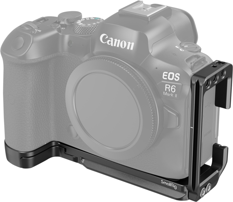 The picture shows a Canon EOS R6 Mark II camera with a black SmallRig 4160 L-shaped mounting plate for Canon EOS R5/R5C/R6/R6/R6 MKII, designed for mounting stability and accessories. The semi-transparent camera highlights the mounting plate.