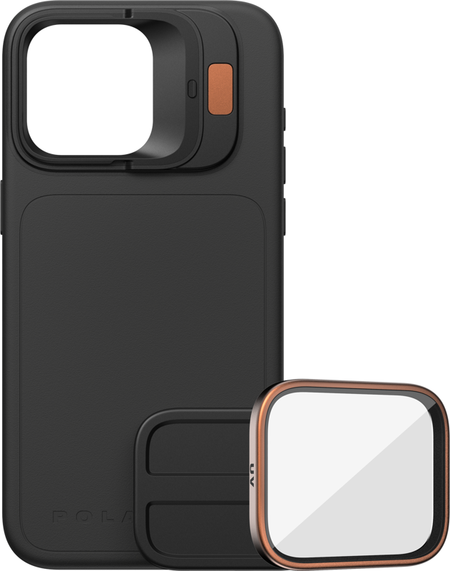 PolarPro Kit - LiteChaser iPhone 15 Pro Case Black includes a large, square camera lens mount and a removable UV filter with a copper-coloured trim on the front.