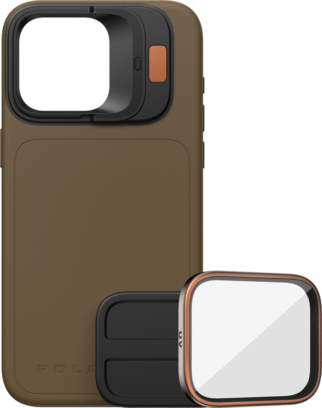The PolarPro Kit - LiteChaser iPhone 15 Pro Case Desert includes a brown case with copper accents, a large square black camera cover and a removable UV filter, all visible on a light background.