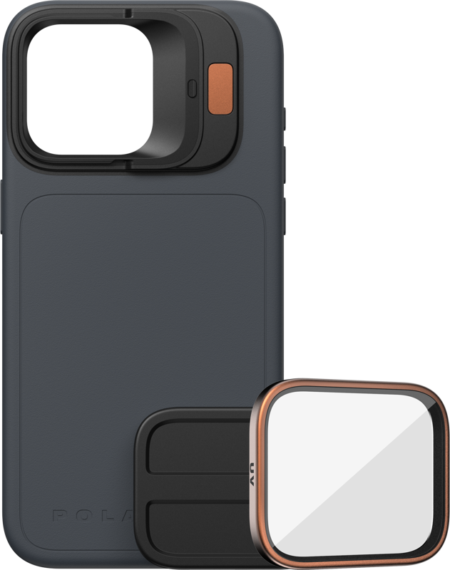 The PolarPro Kit - LiteChaser iPhone 15 Pro Case Ocean includes a dark case with a square camera mount, a removable lens mount accented with copper, and features a clear UV filter on the front of the case.