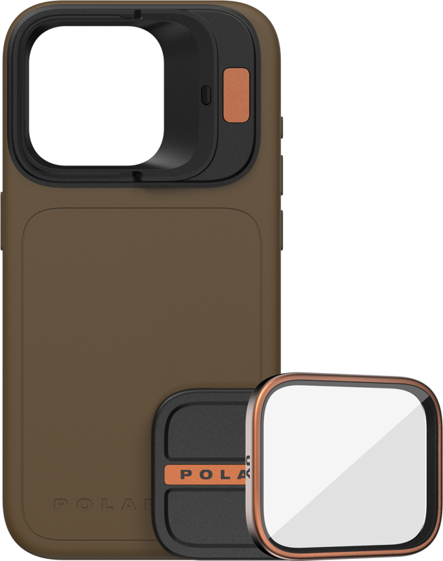 The PolarPro Kit - LiteChaser iPhone 15 Pro Max Case Desert includes a brown case with black and copper accents, a removable UV filter protector case and a square glass mount. The PolarPro branding appears on both the case and the cover.