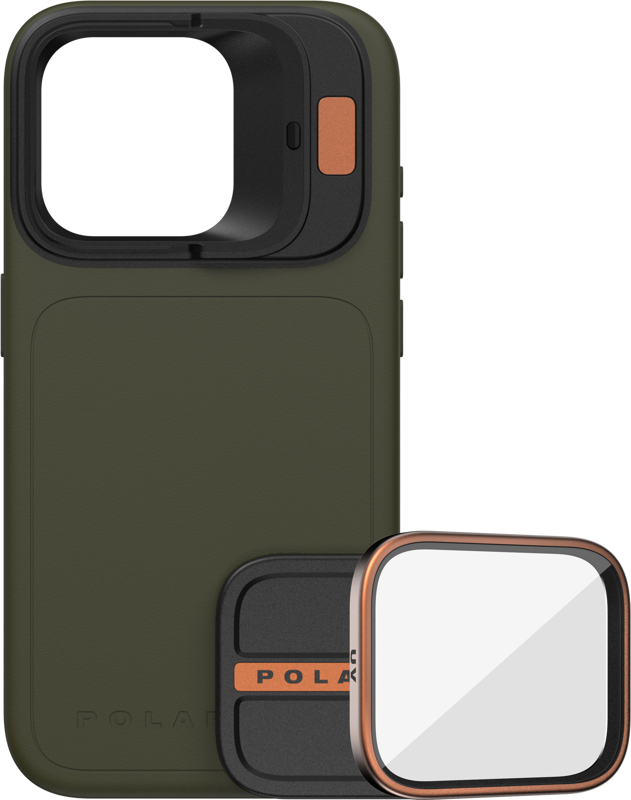 The PolarPro package includes a LiteChaser iPhone 15 Pro Max case in Forest colour with a large square camera aperture, an orange highlight button and a UV filter lens accessory with a square black frame and orange details.