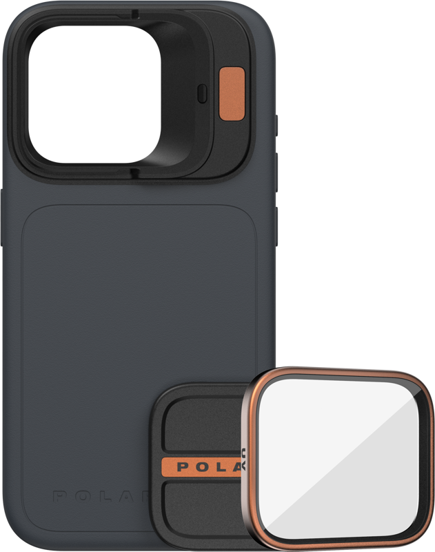 The PolarPro Kit - LiteChaser iPhone 15 Pro Max Case Ocean is a dark grey case with a large square camera guard, orange accent and removable UV filter with matching orange stripe and POLAR branding.