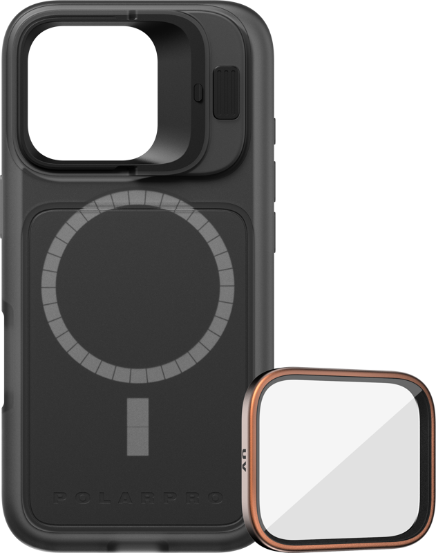 PolarPro Kit - LiteChaser iPhone 16 Pro Base Case Black includes MagSafe targeting graphics, a removable camera lens cover and a separate square UV filter with metal frame.
