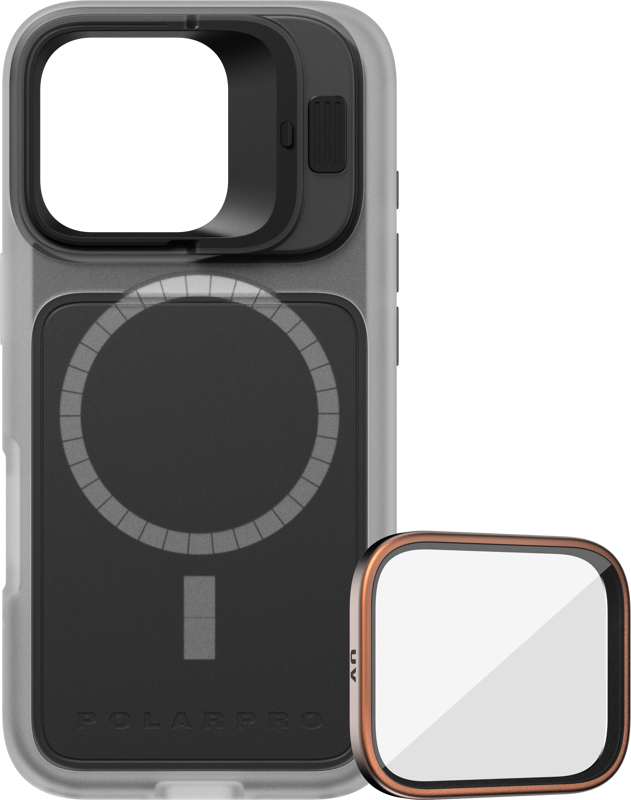 The PolarPro Kit - LiteChaser iPhone 16 Pro Base Case Clear features a large central design, a square camera mount and includes a removable UV-marked square lens filter with a black and copper frame.