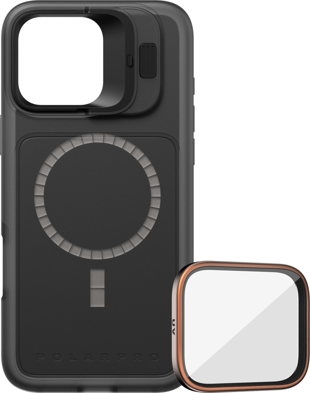 PolarPro Kit - LiteChaser iPhone 16 Pro Max base case in black includes a round MagSafe ring, a removable camera lens cover and a square UV filter with a copper-coloured edge.