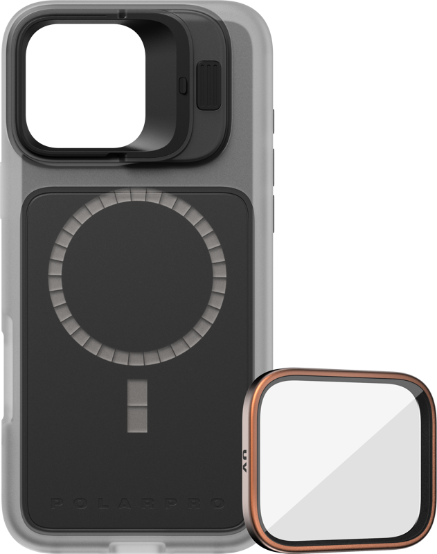PolarPro Kit - LiteChaser iPhone 16 Pro Max Base Case Clear + UV Filter includes a clear smartphone case with a black circular mount, a removable square lens mount and a separate copper square UV filter.