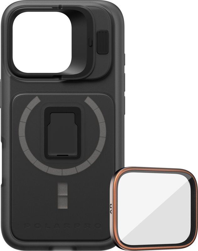 PolarPro Kit - LiteChaser iPhone 16 Pro Pro case black includes a built-in camera protector, a rectangular bracket in the middle and a removable UV filter with copper-coloured trim.
