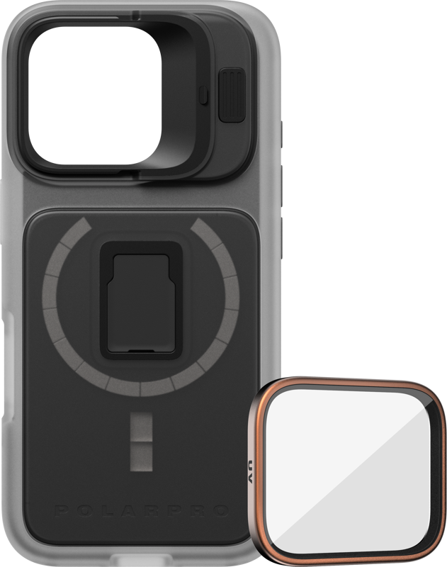 PolarPro Kit - LiteChaser iPhone 16 Pro Pro Case Clear + UV Filter includes a clear case with square magnetic mount, removable top lens mount and removable UV filter with black and copper bezel.