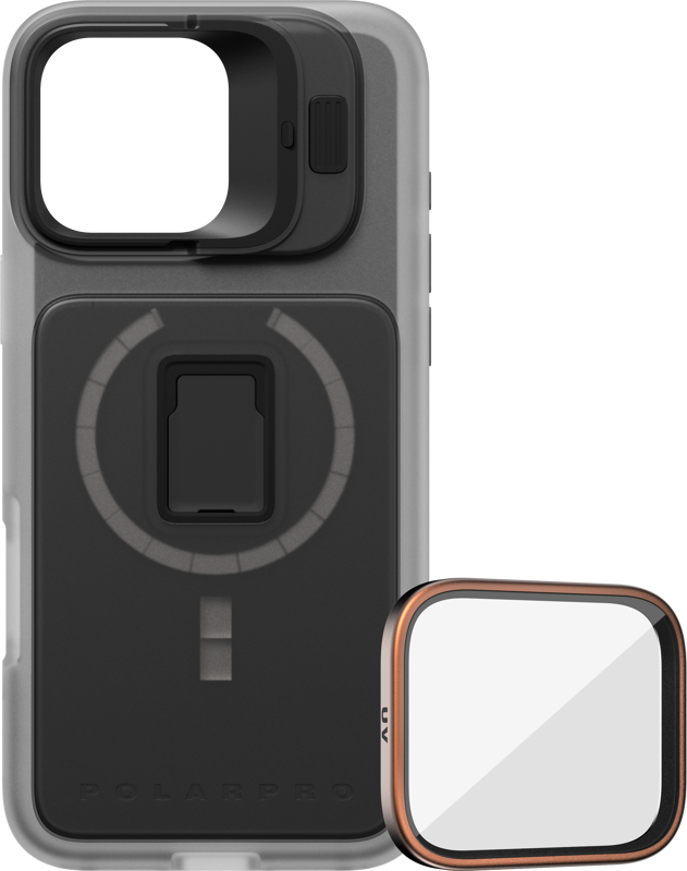 The PolarPro Kit - LiteChaser iPhone 16 Pro Max Pro Case Black features a large circular lens mount, a built-in center mount, and includes a separate square UV filter with a copper-colored trim.