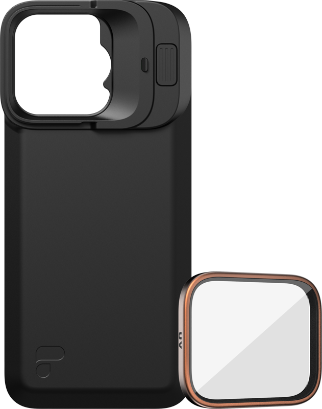 PolarPro Kit - LiteChaser iPhone 16 Pro Exo Back Plate includes a black case with a large square camera aperture and slide switch, and a removable square UV filter with a copper metal edge next to the case.