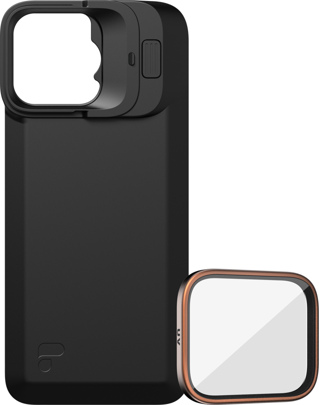 PolarPro Kit - LiteChaser iPhone 16 Pro Max Exo Back Plate is a black case with a removable square lens cover with a sliding mechanism and a separate rounded UV filter.
