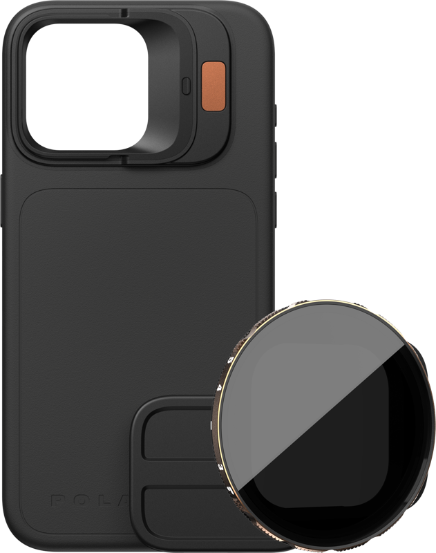 The PolarPro Kit - LiteChaser iPhone 15 Pro Case Black features a built-in camera lens mount, a square camera aperture with copper accents, and a round removable VND 3-5 filter placed on the front of the case.
