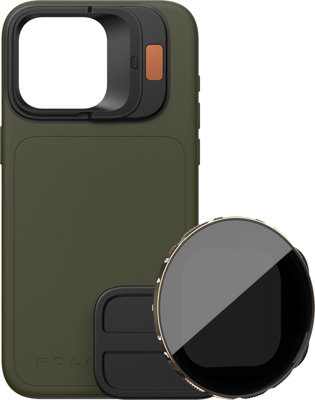 PolarPro Kit - LiteChaser iPhone 15 Pro Case Forest sisältää vihreän puhelinkotelon, jossa on suuri neliönmuotoinen kameran aukko, ja sen mukana tulee 3-5 VND:n pyöreä kameran linssisuodatin, joka on sijoitettu kotelon eteen.