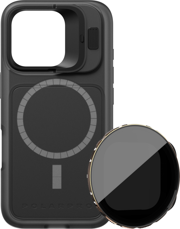 PolarPro-pakkaus, jossa on musta LiteChaser iPhone 16 Pro Base Case ja sen vieressä irrotettava VND 3-5 -kamerasuodatin.