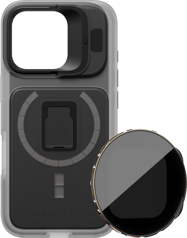 PolarPro Kit - LiteChaser iPhone 16 Pro Pro Case Clear includes a black and grey design, a large circular mount with removable VND 3-5 filter, and the PolarPro logo on the bottom.