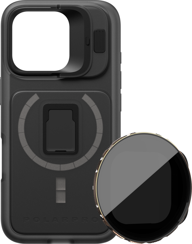 The PolarPro kit includes a black LiteChaser Pro case for iPhone 16 Pro Max with a sliding camera cover and built-in circular bracket, and a removable VND 3-5 filter placed next to it. The PolarPro branding is on the bottom of the case.