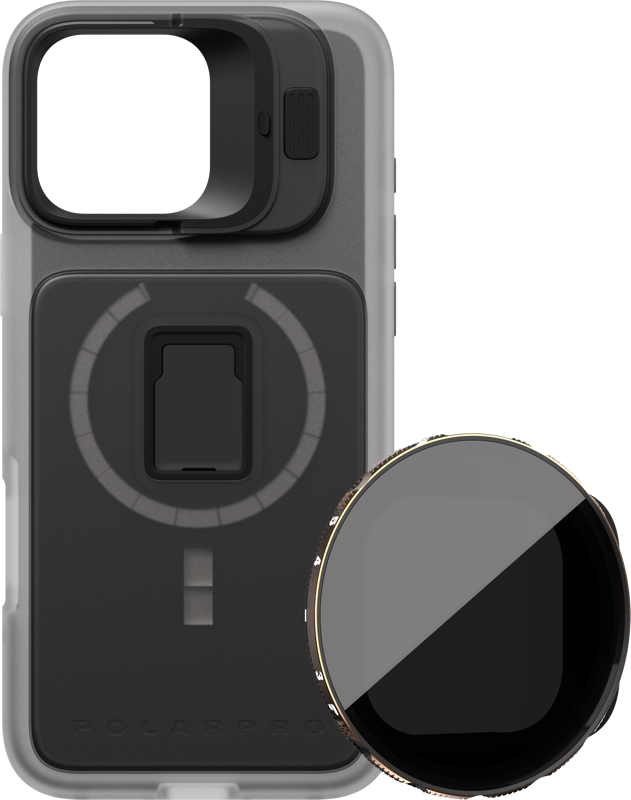 The PolarPro kit includes a clear LiteChaser iPhone 16 Pro Max Pro case with built-in mounting system and a black and grey VND 3-5 filter placed next to it.