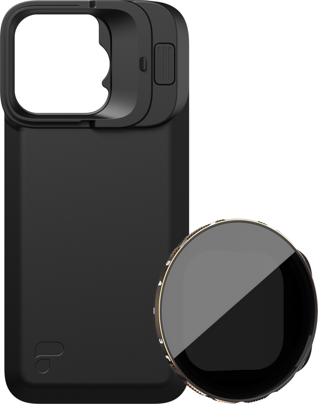 PolarPro Kit sisältää LiteChaser iPhone 16 Pro Exo Back Plate -taustalevyn mustana ja irrotettavan VND 3-5 -suodattimen, jossa on kultainen reunus ja sävylasit, jotka on esitetty yhdessä parempaa mobiilikuvausta varten.