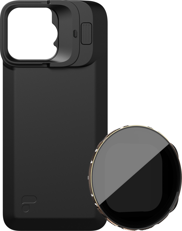 PolarPro Kit sisältää LiteChaser iPhone 16 Pro Max Exo Back Plate -taustalevyn, jossa on sisäänrakennettu objektiivikiinnitys, kuvassa sen irrotettavan VND 3-5 Filter -kameran objektiivilisävarusteen vieressä, jossa on heijastava pinta.