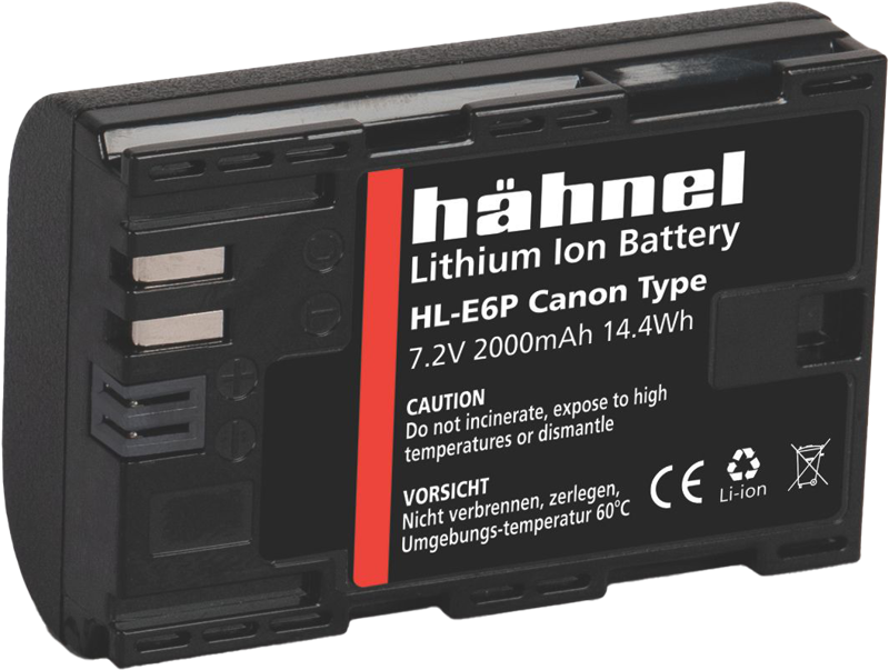 Hähnel-akku Canon HL-E6P / LP-E6P, 7,2V 2000mAh 14,4Wh, jossa on varoitustarroja ja -symboleja, on kuvattu vinossa akun liittimien ja painetun tekstin korostamiseksi.