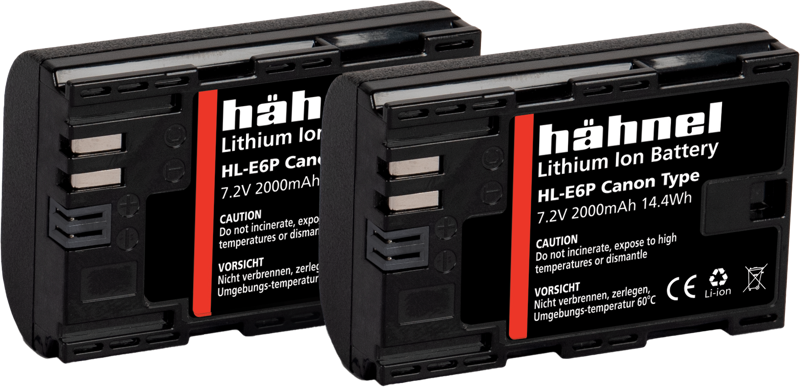 Kaksi Hähnel Battery Canon HL-E6P / LP-E6P Twin Pack -litiumioniakkua, joissa on merkintä 7,2 V 2000 mAh 14,4 Wh, on kuvassa vierekkäin näkyvillä varoitus- ja kierrätyssymboleilla.
