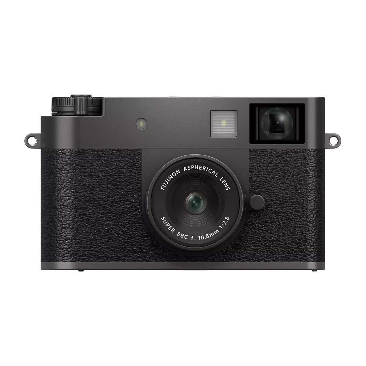 Front view of the Fujifilm X Half digital camera in charcoal with textured grip, visible Fujino aspherical lens, viewfinder and metallic finish on top and bottom edges.