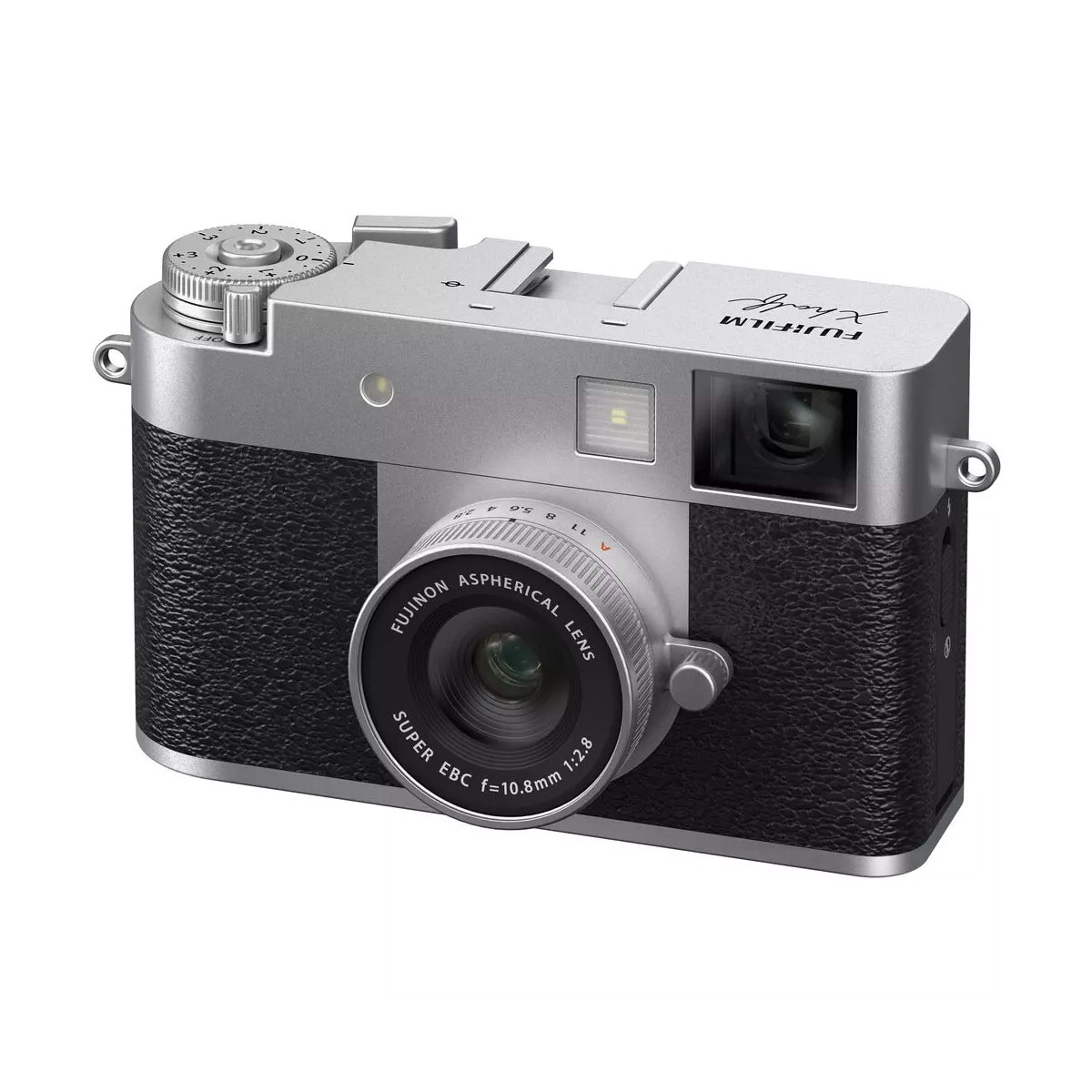 The Fujifilm X Half digital camera, silver, is a silver-coloured digital camera with a vintage design featuring a visible lens, textured grip and top panel dials and buttons.