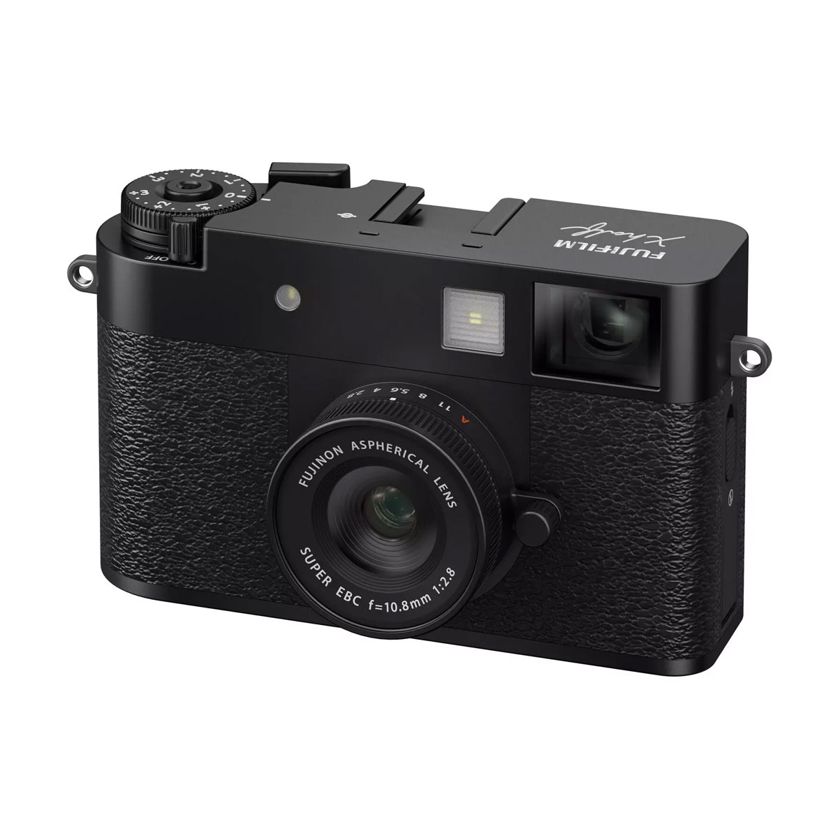 The black Fujifilm X Half digital camera with textured grip, visible lens, top controls and viewfinder is shot at an angle against a white background.