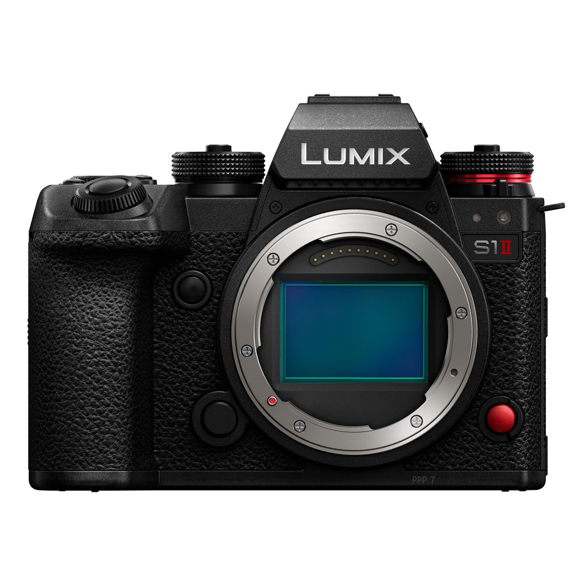 Etukuva mustasta Panasonic Lumix S1 II -järjestelmäkameran rungosta, jossa korostuvat sen suuri objektiivikiinnitys, kuvakenno, näkyvät säätimet ja Lumix-brändi.